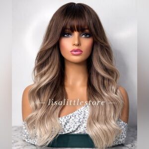 Long Ombre Balayage Wig w/ Bangs – Brown to Light ash Blonde Wavy Natural Look